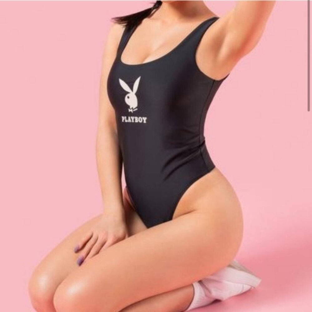 Playboy NEW bodysuit Bunny Logo High Cut Stretch Top Crew Minimalist Sexy